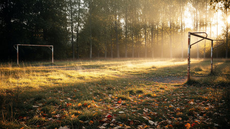 Foggy morning on a football field in the autumn season.の素材