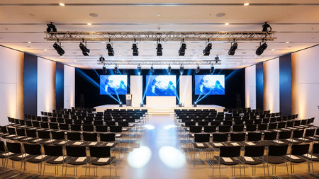 Interior of conference hall with chairs and projector screen, stock photoの素材