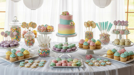 Candy bar with assorted sweets and cupcakes on white tableclothの素材
