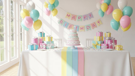 Happy Birthday Cake Decorated with Colorful Balloons and Gift Boxesの素材