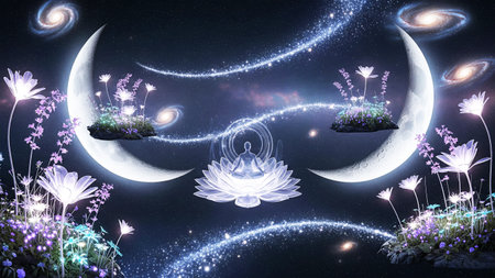 Night sky with moon, stars and flowers. 3D illustration.の素材