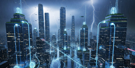 Futuristic cityscape with glowing neon lights and high-rise buildings.の素材