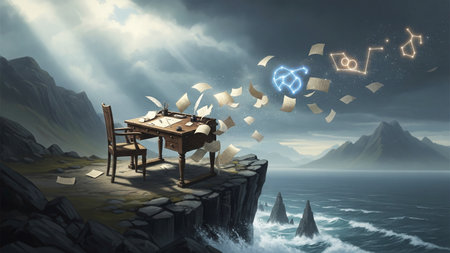Fantasy landscape with a table and a laptop on a cliff.の素材