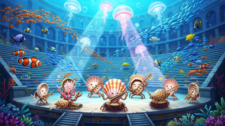 Underwater scene with fishes and jellyfish in the ocean - illustration.の素材