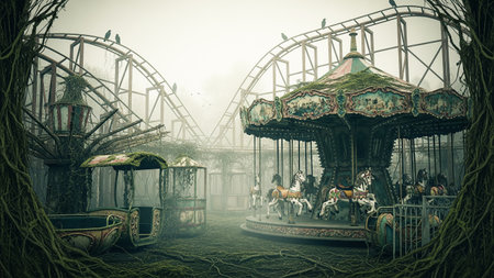 Amusement park in the mist with carousels and horses.の素材