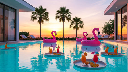 Swimming pool with flamingo and cocktails at sunset.の素材