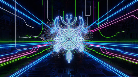 3D illustration of abstract background with neon lights and geometric shapes.の素材