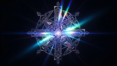 Illustration of a sacred symbol on a black background with a blue glow.の素材