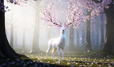 White deer in a forest with cherry blossoms. 3d rendering.の素材