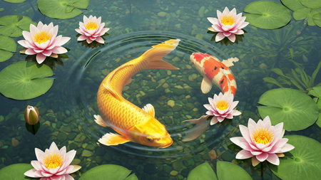 Koi fish and lotus flower in pond, 3d rendering.の素材