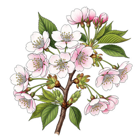 Branch of blossoming cherry tree with pink flowers. Vector illustration.の素材