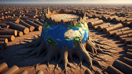 Global warming, a global warming concept with tree roots, Social Issuesの素材