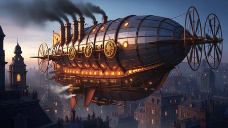 Airship with steam in the city. illustration art style. Fantasy.の素材