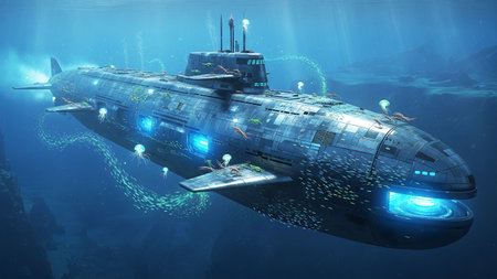 Submarine in deep blue ocean.の素材