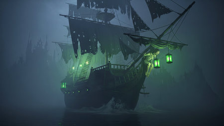 Pirate ship in the fog. Illustration Fantasy Style.の素材