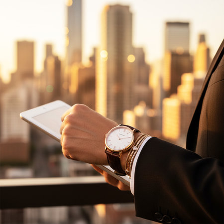 Businessman using digital tablet with cityscape in the background at sunsetの素材