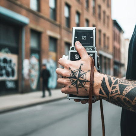 Hipster man with tattooed hand holding vintage camera in the cityの素材