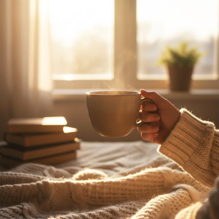 Woman holding cup of hot drink at home, closeup. Cozy atmosphereの素材