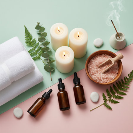 Spa still life with essential oils, sea salt, candles, towel and eucalyptus on pink and green backgroundの素材
