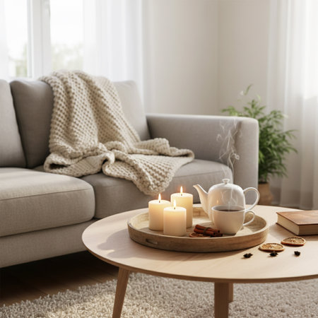 Cozy living room interior with cozy sofa, coffee table and candlesの素材