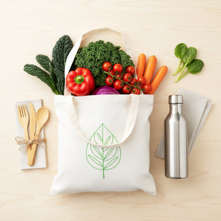 Eco bag with fresh vegetables on wooden background, top view. Zero waste conceptの素材