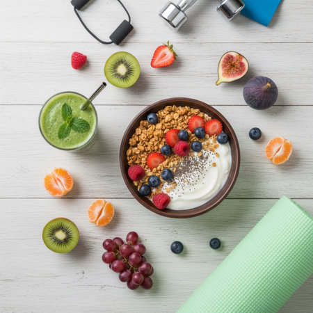 Healthy breakfast bowl with granola, yogurt, fresh berries and fruits on white wooden background. Top viewの素材