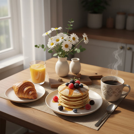Breakfast with pancakes, coffee, juice and flowers in the kitchenの素材