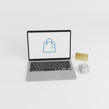 Laptop and credit card on white background.の素材