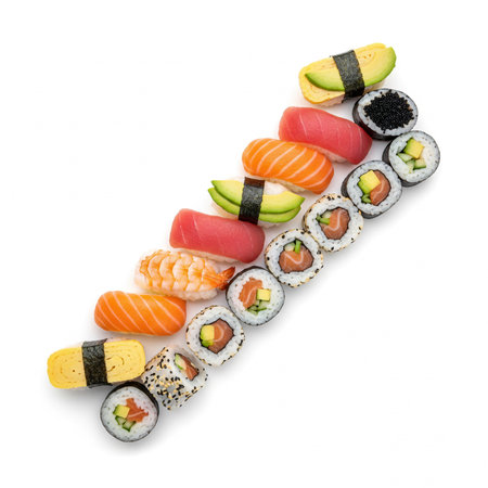 Sushi set isolated on white background. Sushi roll with salmon, tuna, eel, avocado, caviar, cucumber, cream cheese, nori, nori, eel, caviarの素材