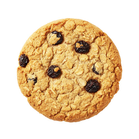 Delicious oatmeal cookie with raisins on white background, top viewの素材