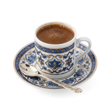 Cup of coffee with saucer and spoon isolated on white backgroundの素材