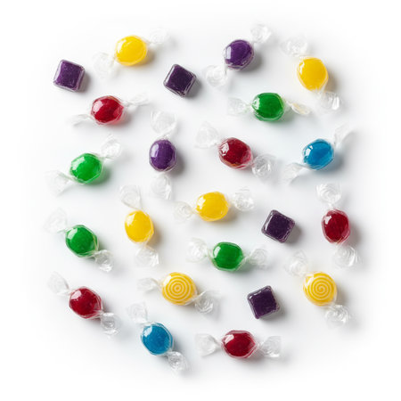 Colorful candies isolated on white background. Top view.の素材