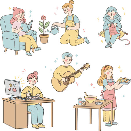 Vector Illustration Set of People Enjoying Creative and Relaxing Hobbies at Home in a Hand-Drawn Style.のイラスト素材