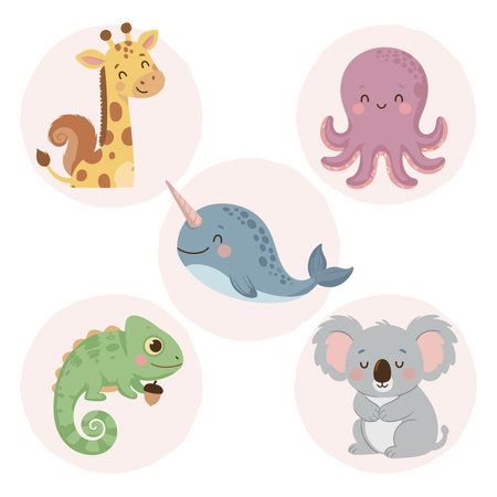 Cute Kawaii Animal Vector Set with Giraffe, Narwhal, Octopus, Chameleon and Koalaのイラスト素材