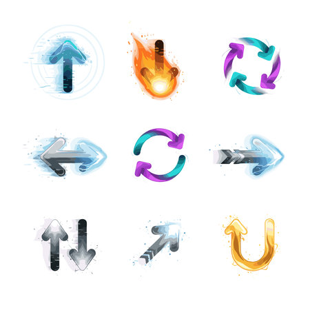 Dynamic Direction Arrows Icon Set with Fire, Water, and Motion Effects.のイラスト素材