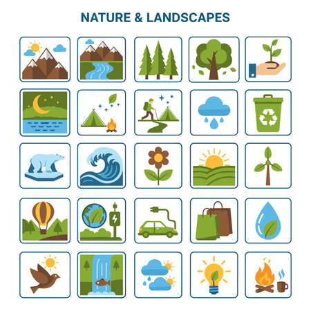 A Flat Vector Icon Set of Nature, Landscapes, Environmental, and Sustainability Themes.のイラスト素材