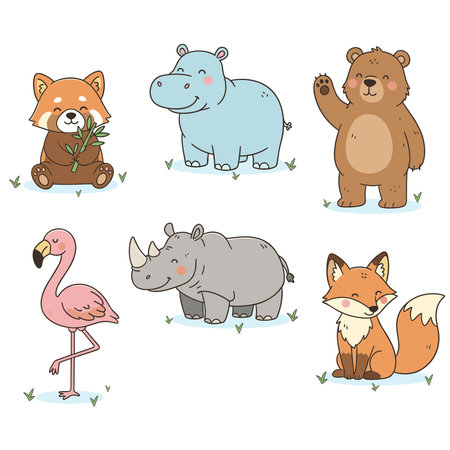 A Vector Illustration Set of Cute Kawaii-Style Animals with Sparkle Effects.のイラスト素材