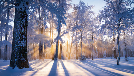 Golden Sunlight Through Snowy Winter Forestの素材
