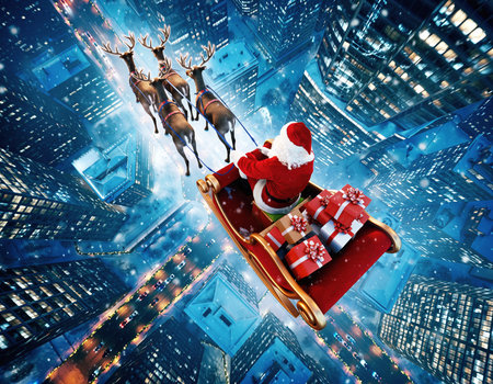Santa Claus and Reindeer Flying Over a Modern City at Christmas Nightの素材
