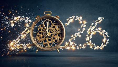 New Year 2026 Countdown with Golden Clock and Sparkling Flowersの素材