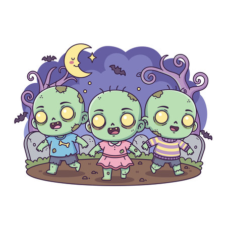 A Cute Cartoon Vector Illustration of Three Kawaii Zombies in a Graveyard at Nightのイラスト素材