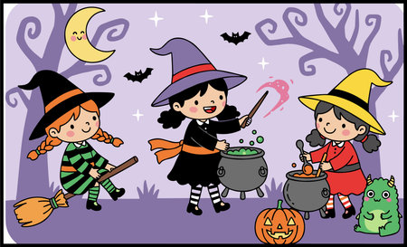 Halloween kids with pumpkins and witchs. Vector illustration.のイラスト素材