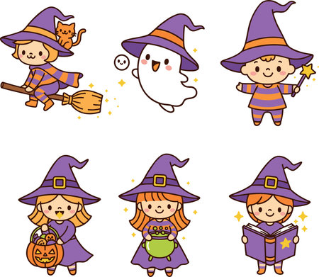 A Cute Kawaii Witch Character Vector Collection for Halloweenのイラスト素材