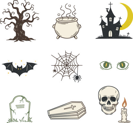 A Hand-Drawn Halloween Doodle Vector Icon Set in a Retro Styleのイラスト素材
