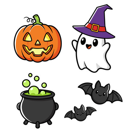 A Cute Kawaii-Style Halloween Vector Icon Set, Including Pumpkin, Ghost, and Cauldronのイラスト素材