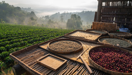 Traditional Coffee Bean Drying Process on a Plantation with Misty Mountain Viewsの素材