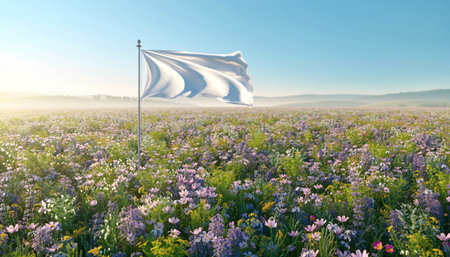 White Flag Waving on a Pole in the Middle of a Beautiful Wildflower Fieldの素材
