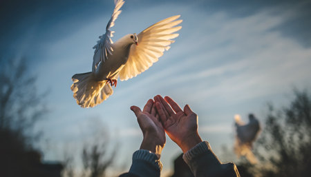 Hands Releasing a White Dove into the Sky as a Symbol of Peace and Hopeの素材