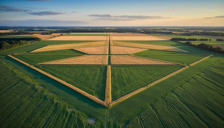 Aerial view of the agricultural fields in the countryside at sunset.の素材