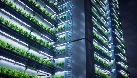 Futuristic Vertical Farming System with Hydroponic Plant Racks and Grow Lightsの素材